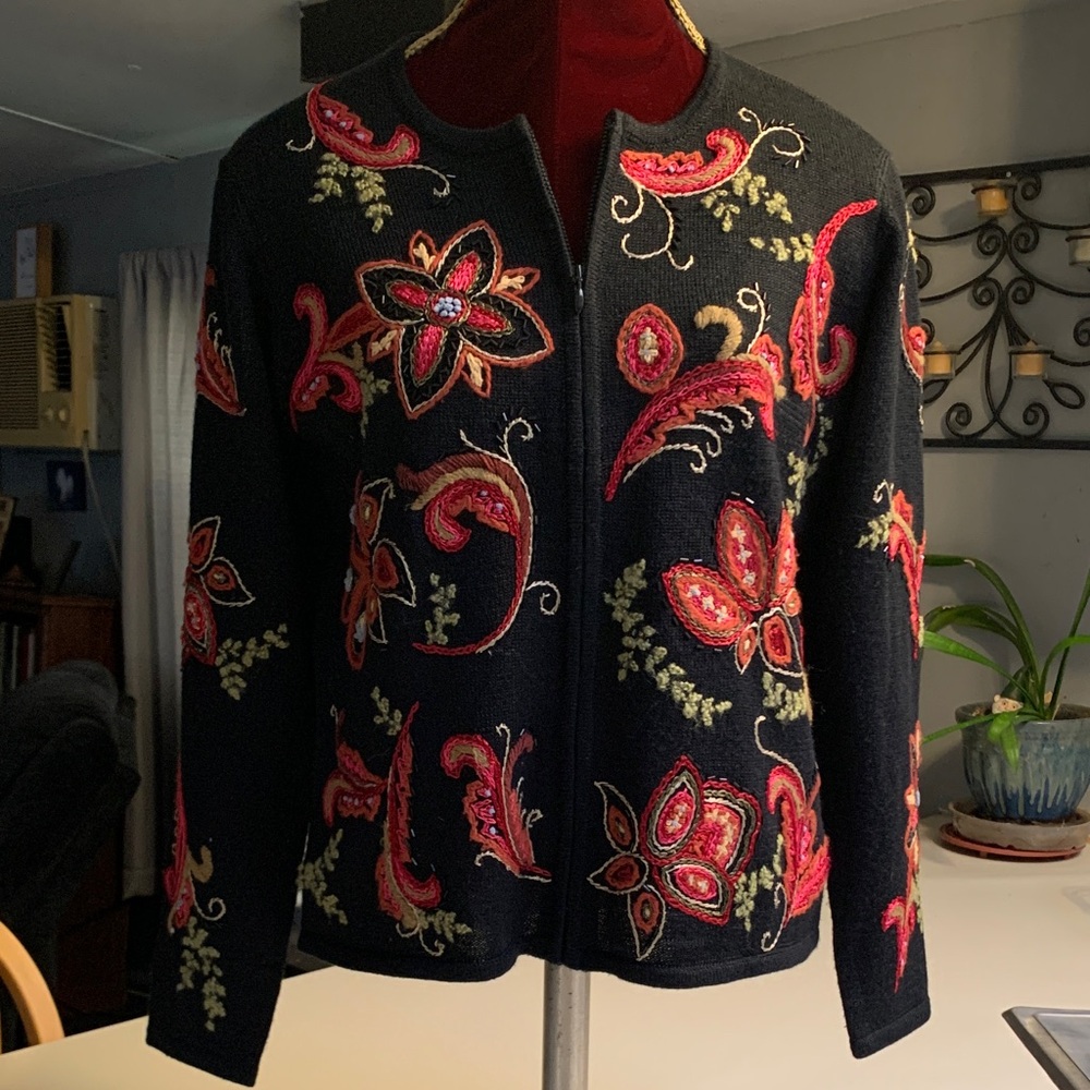 Talbots Black Sweater with Red and Pink Embroidery
